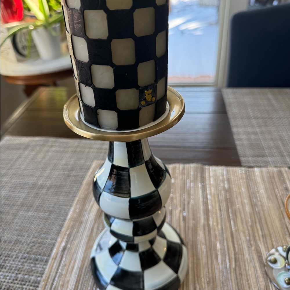 MacKenzie-Childs Candle Holder with Gold Accent and 4” pillar candle